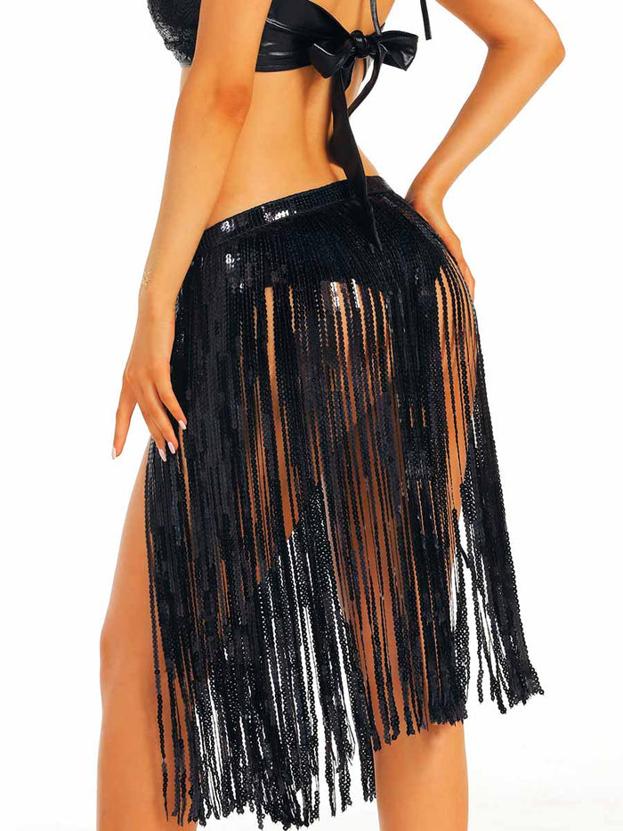 Black Sequin Tassel Midi Skirt