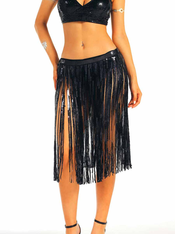 Black Sequin Tassel Midi Skirt