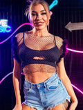 Black Short Furry Sleeveless Rhinestone Fishnet Shirt