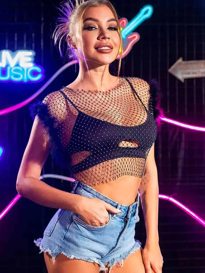 Black Short Furry Sleeveless Rhinestone Fishnet Shirt