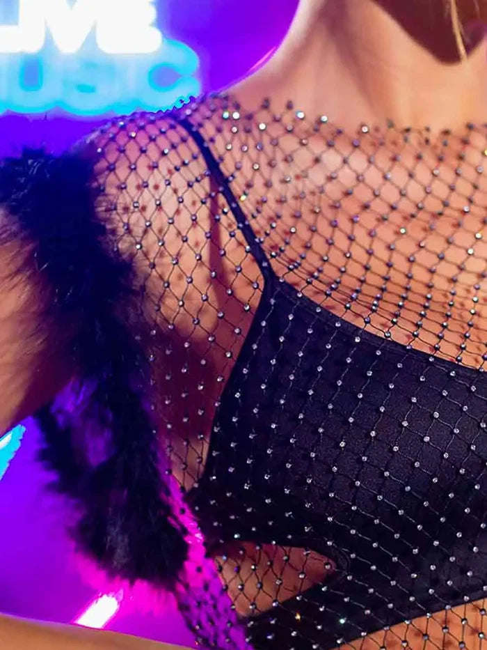 Black Short Furry Sleeveless Rhinestone Fishnet Shirt