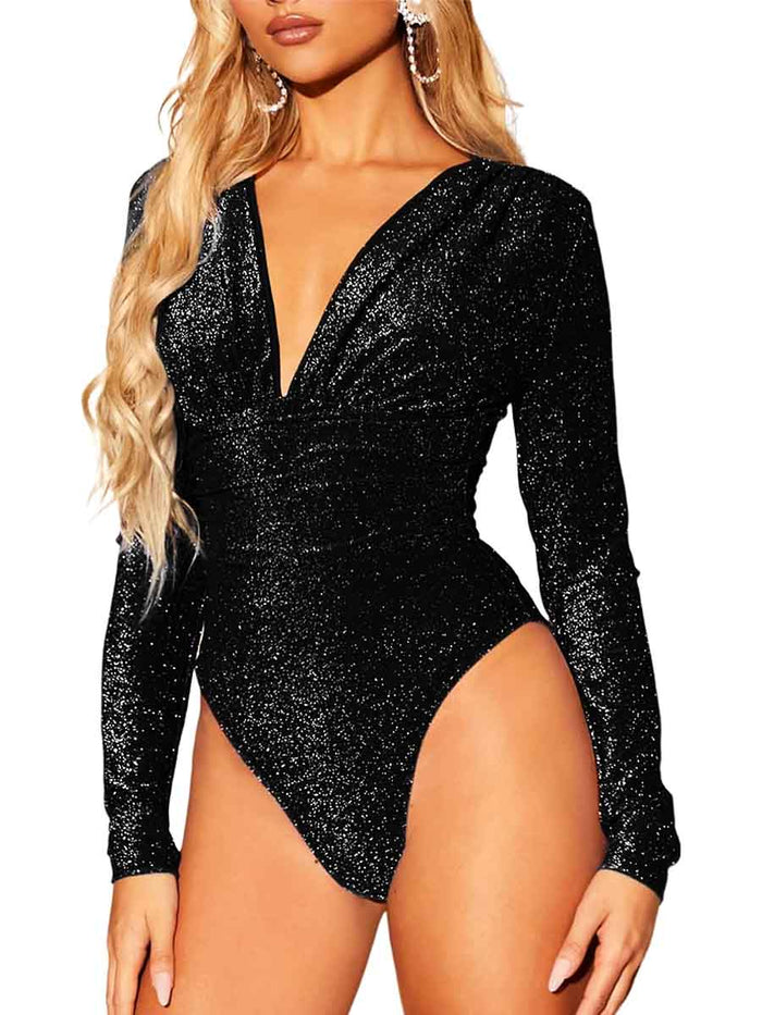 Black Sparkle Bodysuit - Black Long Sleeve Sequin Bodysuit