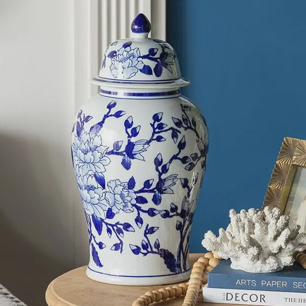 Blue and White Magnolia Pattern Ginger Jar