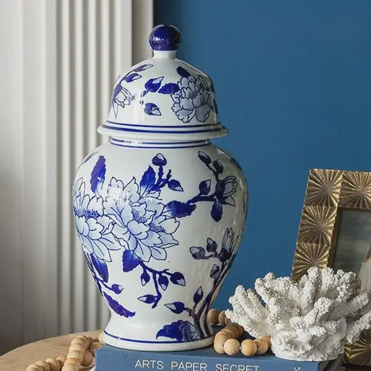 Blue and White Magnolia Pattern Tall Ginger Jar