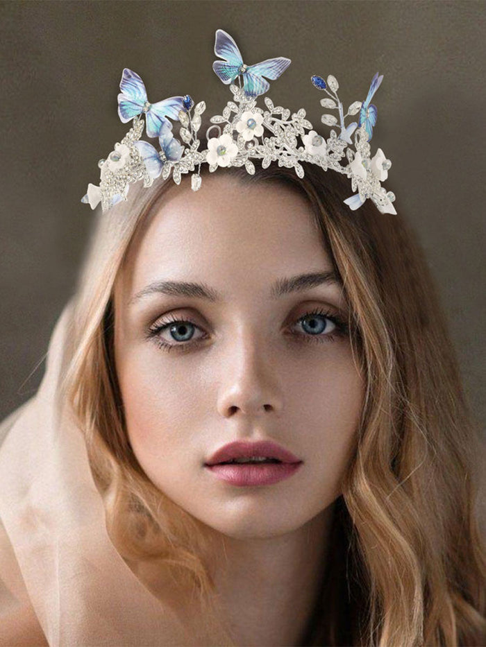 Blue Butterfly Silver Rhinestone Crown