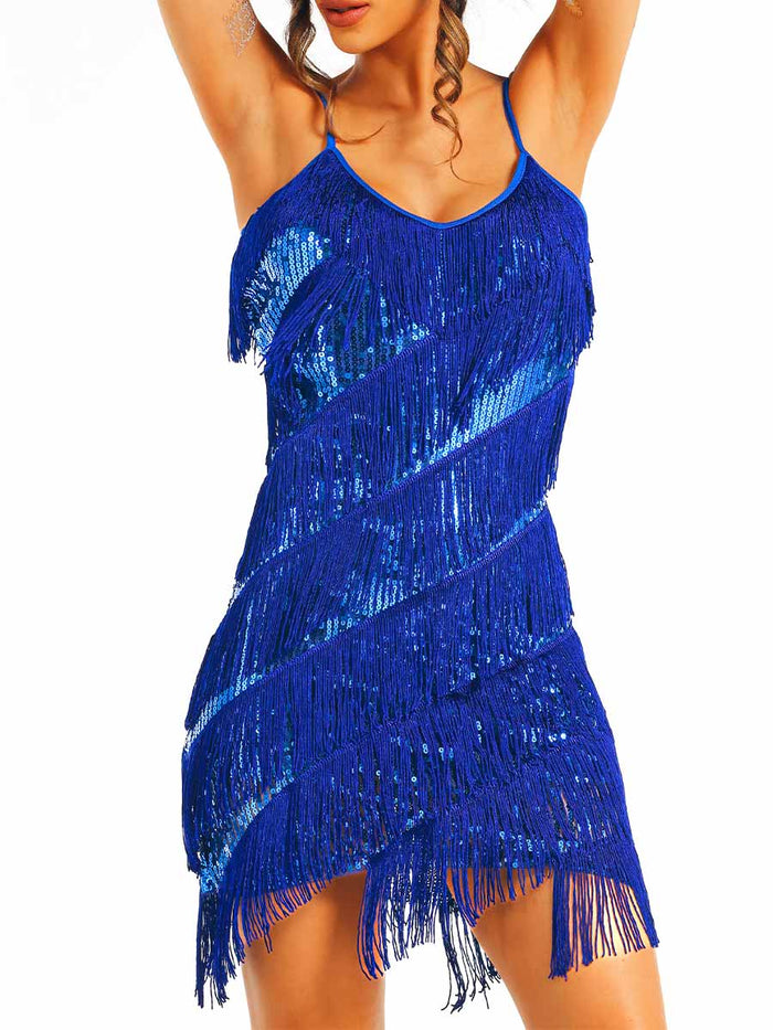 Blue Sequin Fringe Dress (Slim Fit)