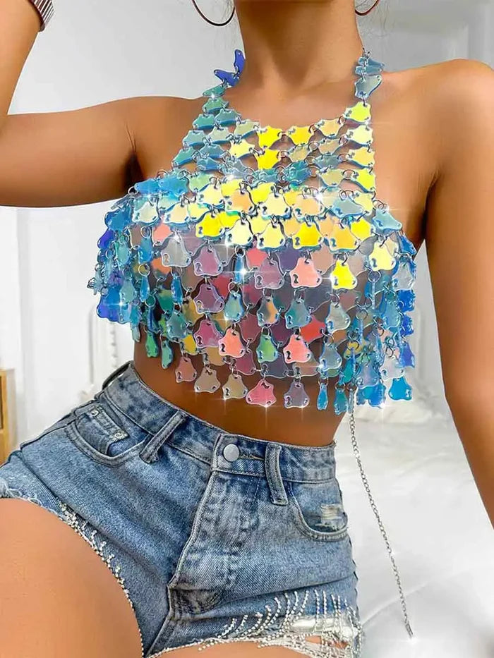 Blue Sequin Halter Top - Short Shiny Halter Neck Tank Top