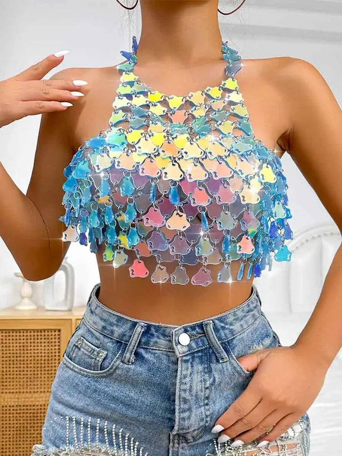 Blue Sequin Halter Top - Short Shiny Halter Neck Tank Top