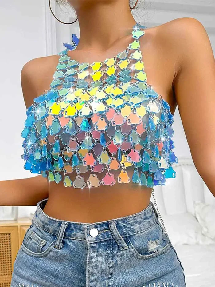 Blue Sequin Halter Top - Short Shiny Halter Neck Tank Top