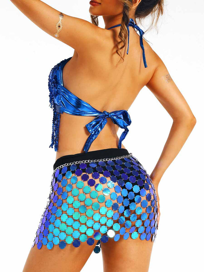 Blue Sequin Tassel Bra + Sequin Skirt Set