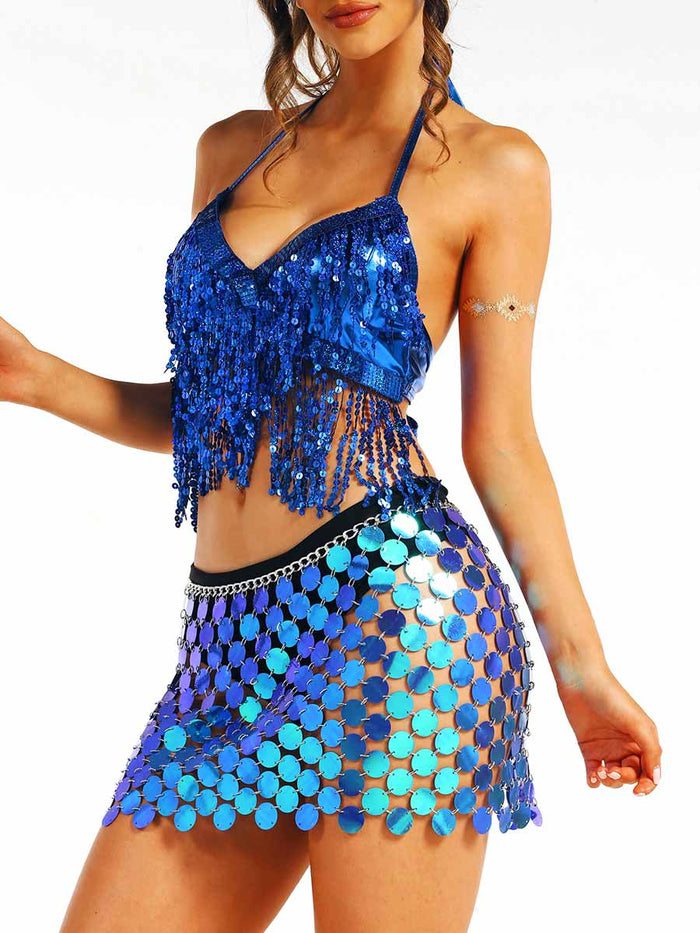 Blue Sequin Tassel Bra + Sequin Skirt Set