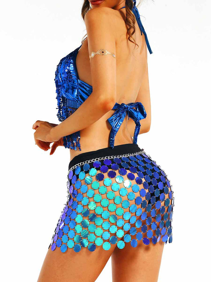 Blue Sequin Tassel Bra + Sequin Skirt Set