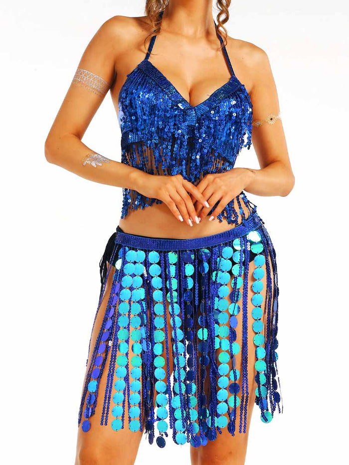 Blue Shiny Tassel Two Piece Set