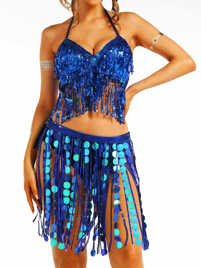 Blue Shiny Tassel Two Piece Set