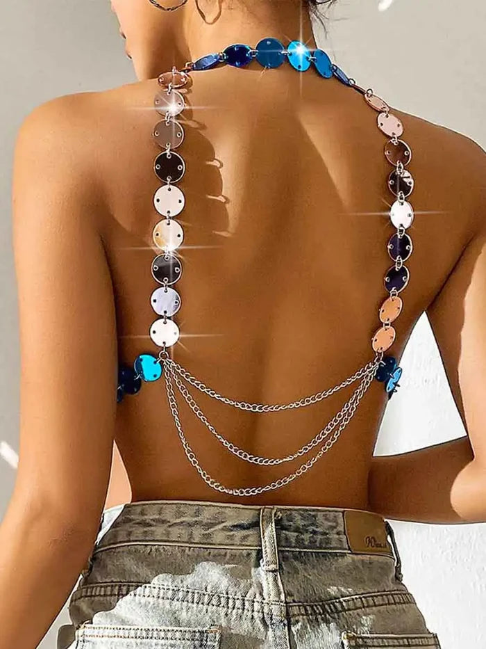 Blue Silver Sequin Disco Ball Bra Top
