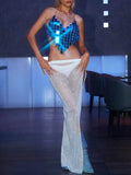 Blue Sparkly Bra - Square Sequins Hanging Neck Top