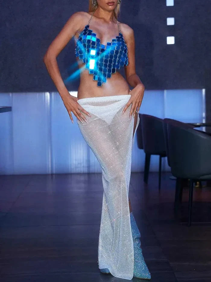 Blue Sparkly Bra - Square Sequins Hanging Neck Top