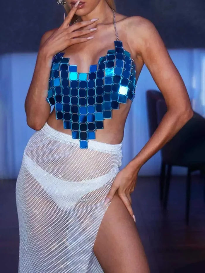 Blue Sparkly Bra - Square Sequins Hanging Neck Top