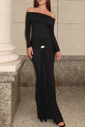 Boat Neck Long Sleeve Ruched Streamer Solid Color Maxi Dresses-ReddishBrown