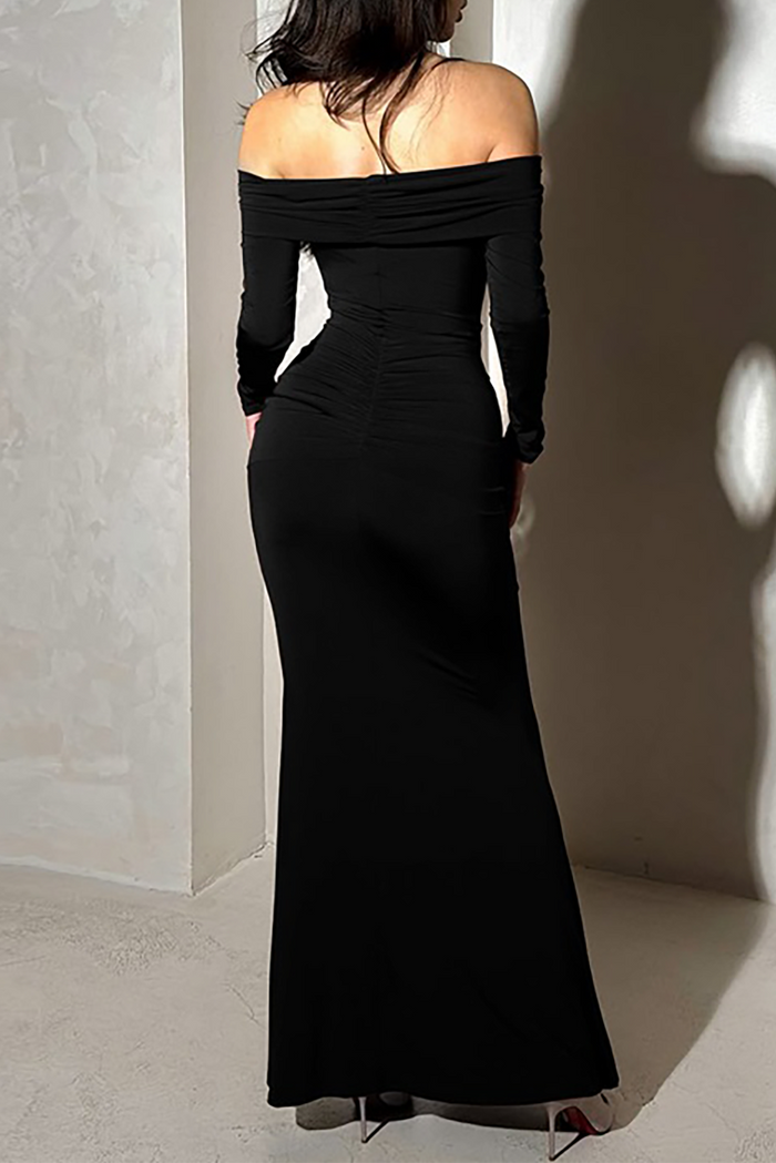 Boat Neck Long Sleeve Ruched Streamer Solid Color Maxi Dresses-ReddishBrown