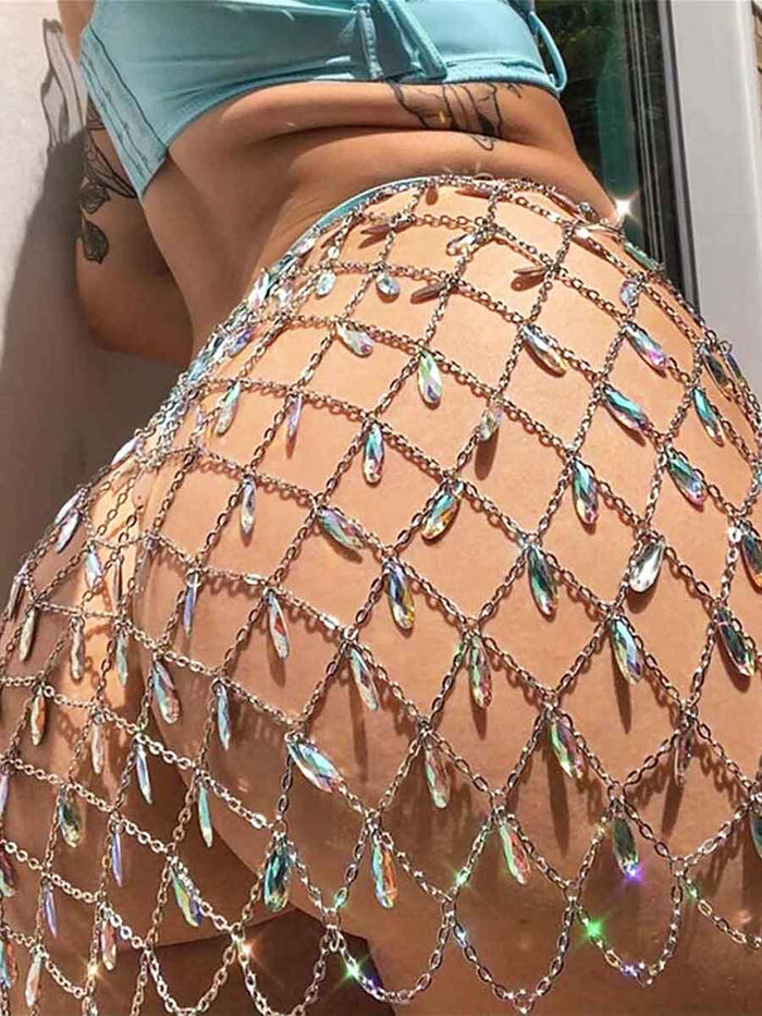 Body Chain Boho Colorful Rhinestone Midi Skirt