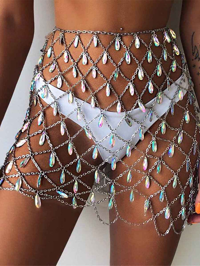 Body Chain Boho Colorful Rhinestone Midi Skirt