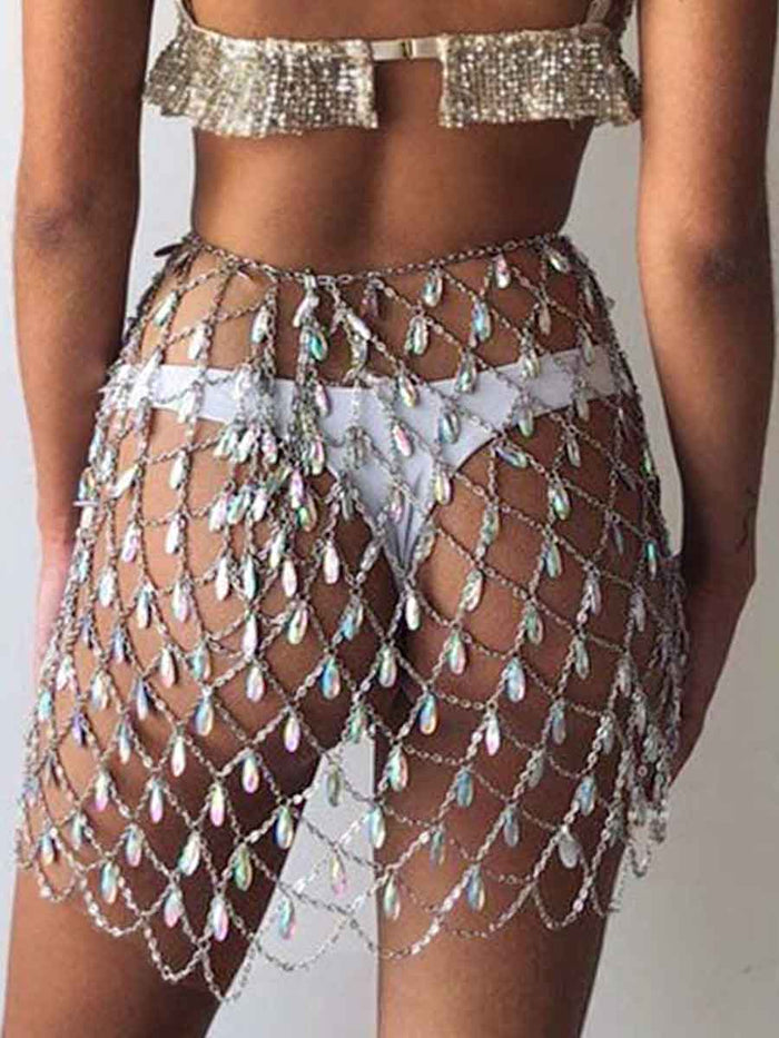 Body Chain Boho Colorful Rhinestone Midi Skirt