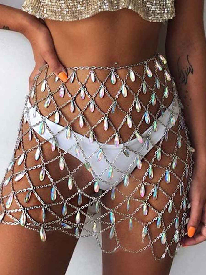 Body Chain Boho Colorful Rhinestone Midi Skirt