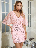 Bodycon Sequin Deep V-Neck Batwing Sleeve Pink Dress