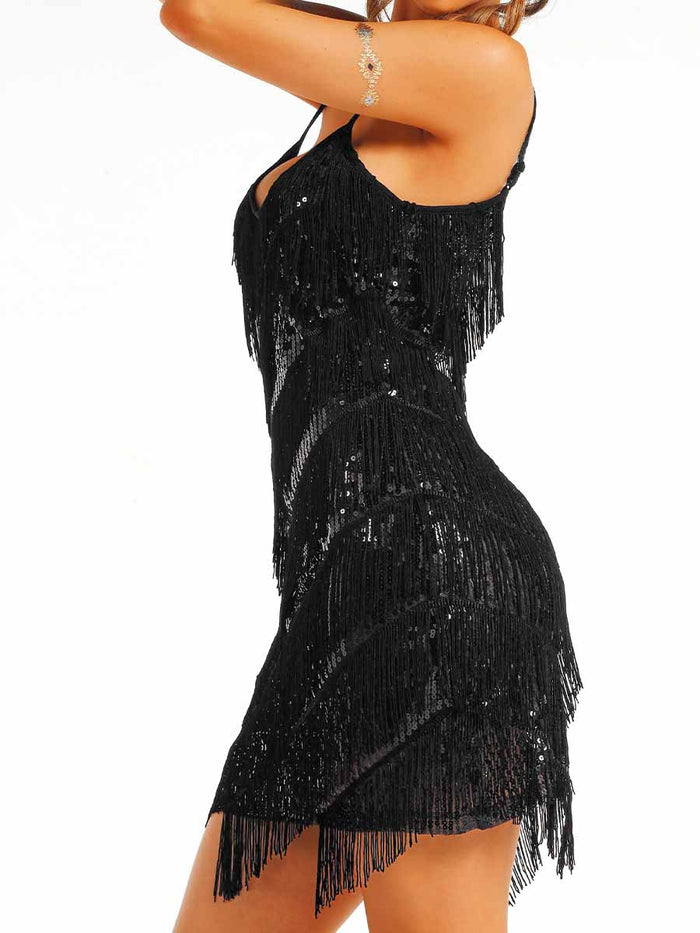 Bohemian Black Sequin Tassel Dress