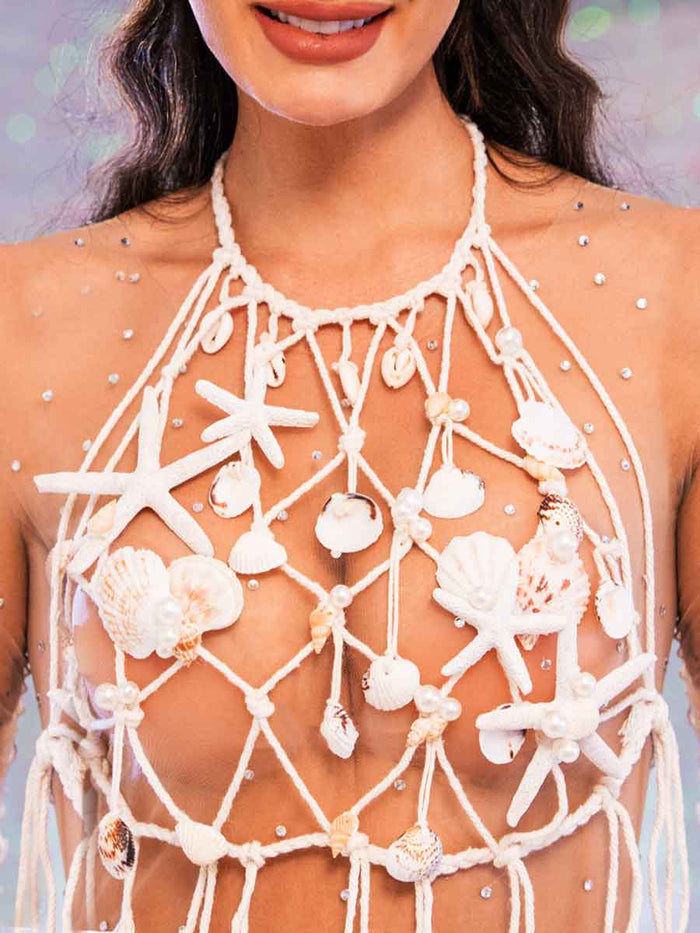 Boho Summer Tops â€?Pearl Shell Mesh Fringe Tank Top