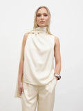 Breya Scarf Faux Satin Top (Oyster)