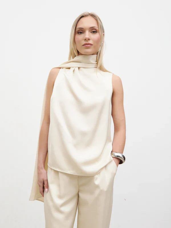Breya Scarf Faux Satin Top (Oyster)