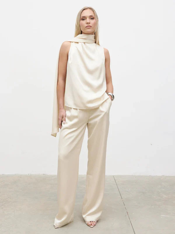 Breya Scarf Faux Satin Top (Oyster)