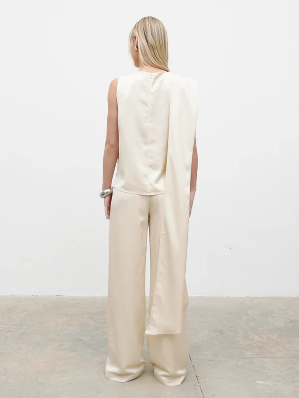 Breya Scarf Faux Satin Top (Oyster)