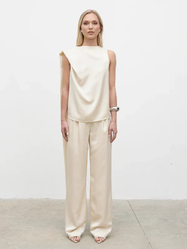Breya Scarf Faux Satin Top (Oyster)