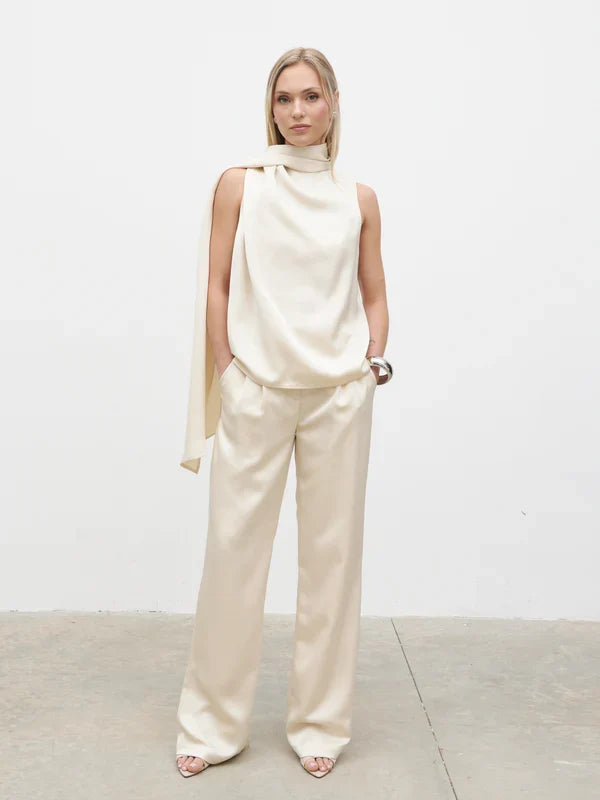 Breya Scarf Faux Satin Top (Oyster)