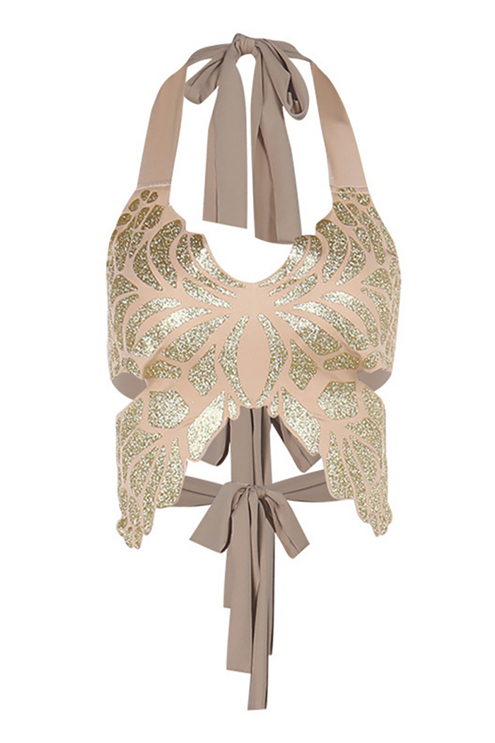 Butterfly Pattern Halter Neck Crop Top Gold
