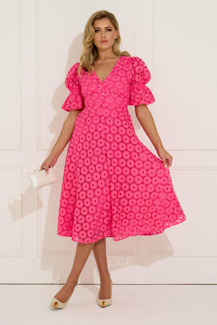 Callie Crochet Lace Bow Midi Dress (Fushia)