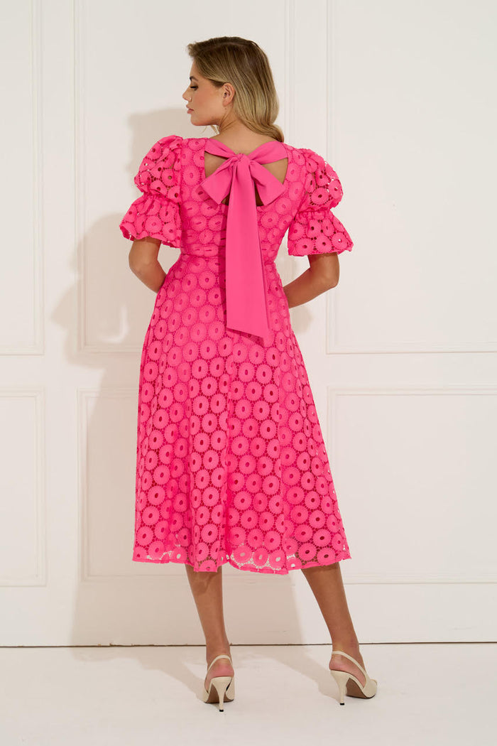 Callie Crochet Lace Bow Midi Dress (Fushia)