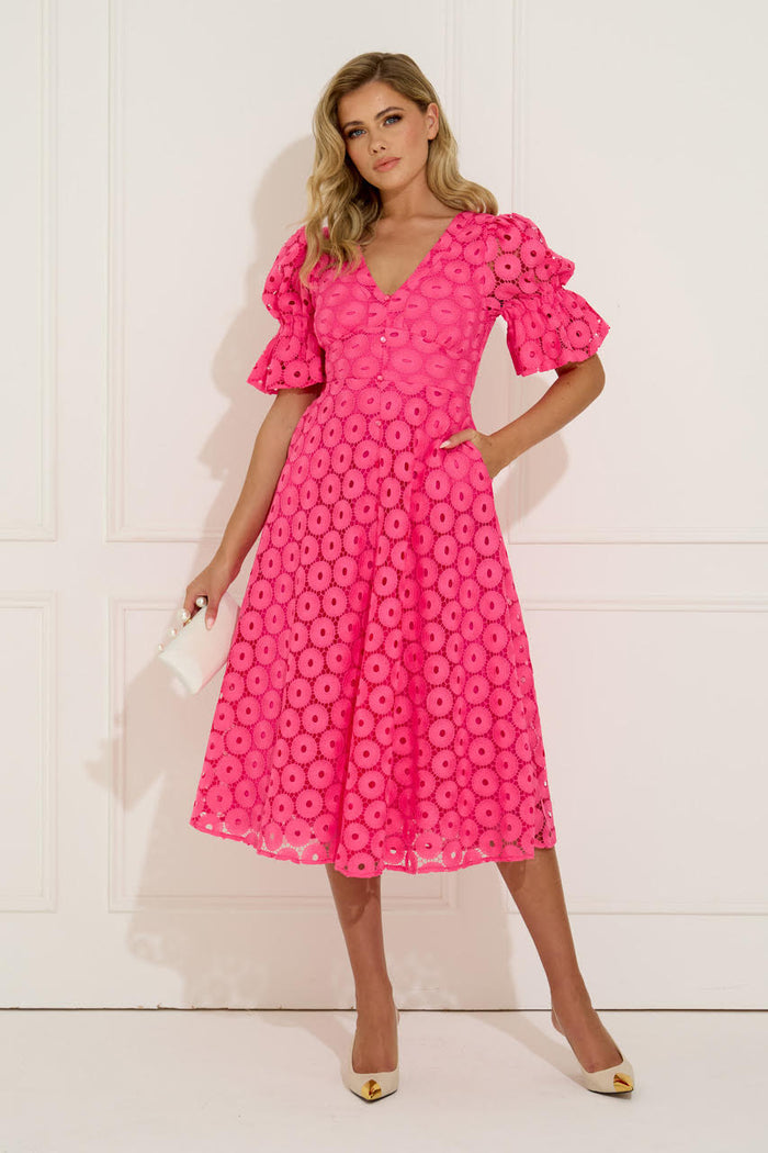 Callie Crochet Lace Bow Midi Dress (Fushia)