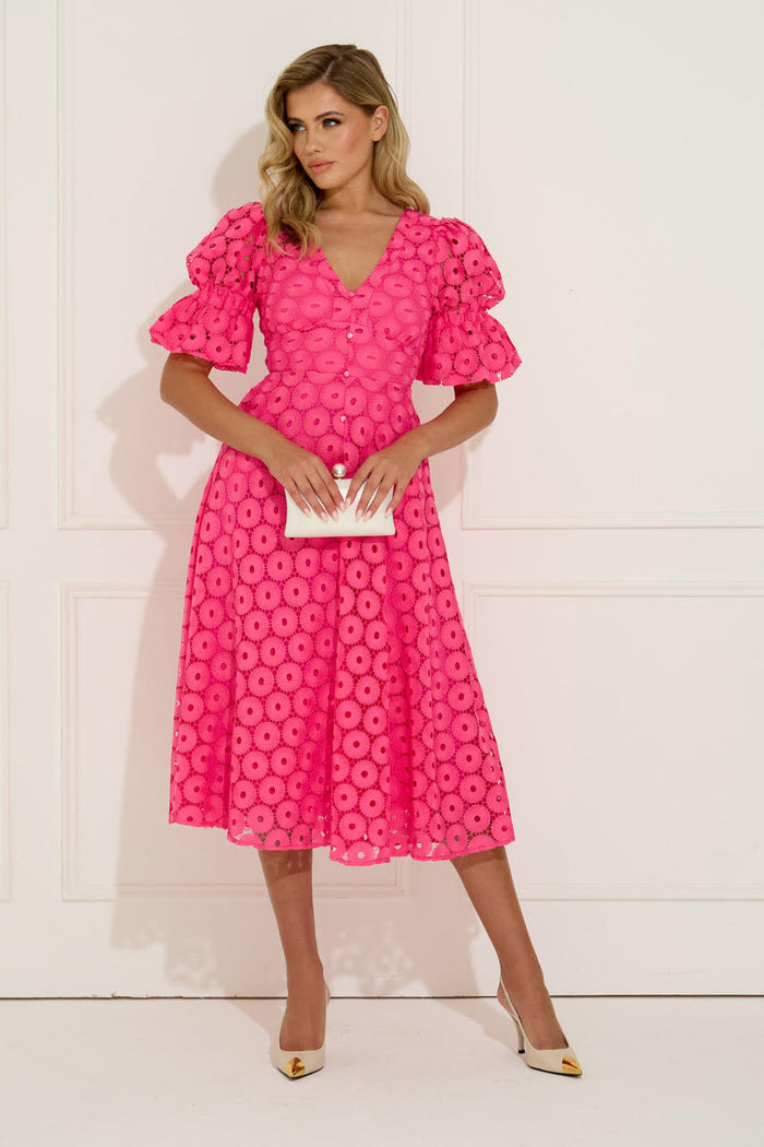 Callie Crochet Lace Bow Midi Dress (Fushia)