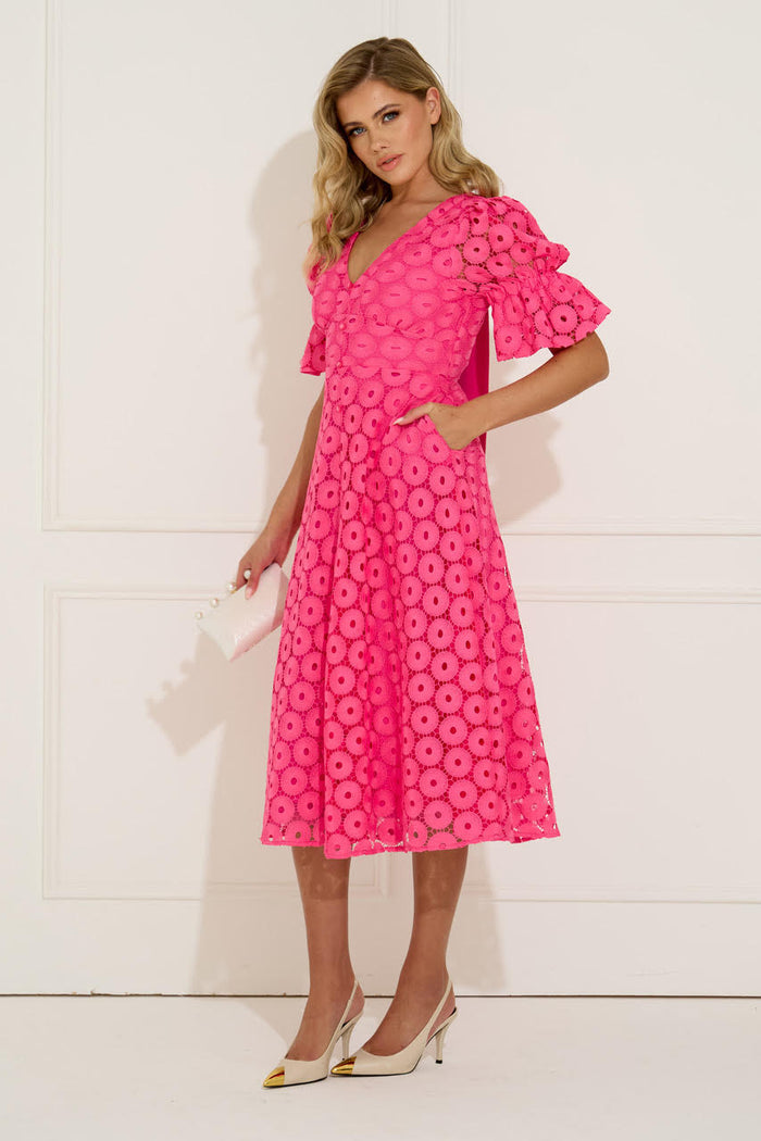 Callie Crochet Lace Bow Midi Dress (Fushia)