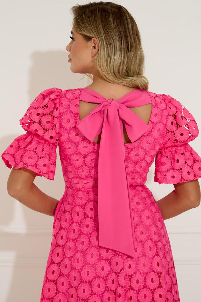 Callie Crochet Lace Bow Midi Dress (Fushia)
