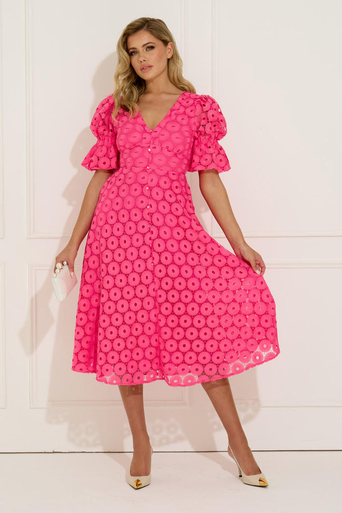 Callie Crochet Lace Bow Midi Dress (Fushia)