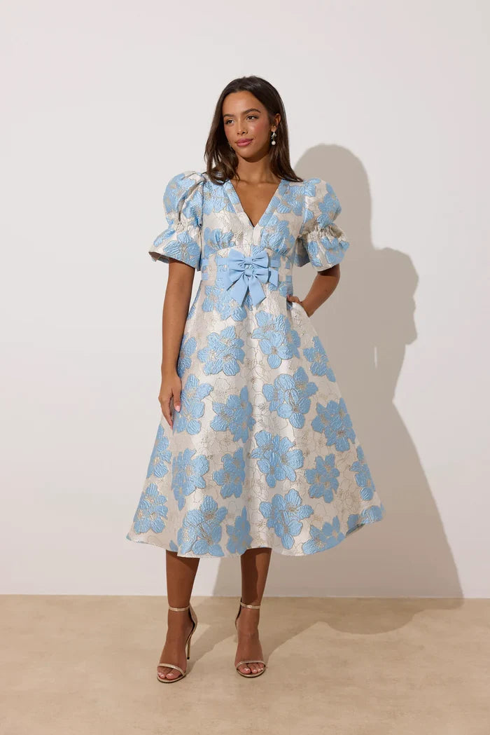 Callie Metallic Puff Sleeve Midi Dress (Pale Blue)