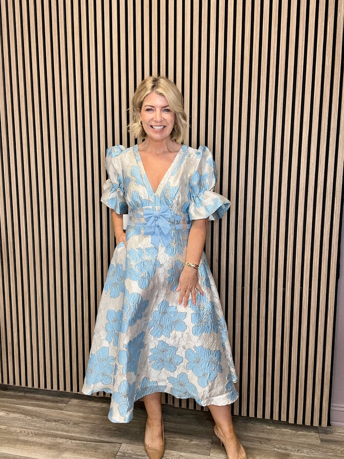 Callie Metallic Puff Sleeve Midi Dress (Pale Blue)