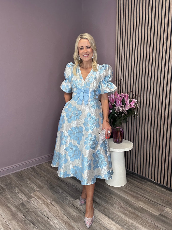 Callie Metallic Puff Sleeve Midi Dress (Pale Blue)
