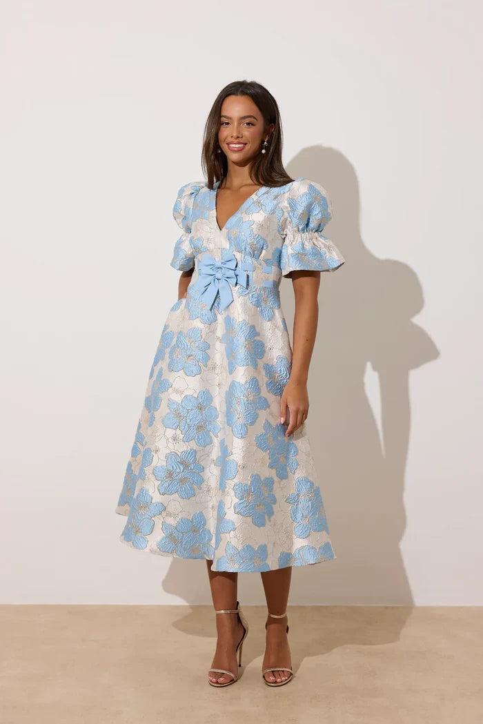 Callie Metallic Puff Sleeve Midi Dress (Pale Blue)