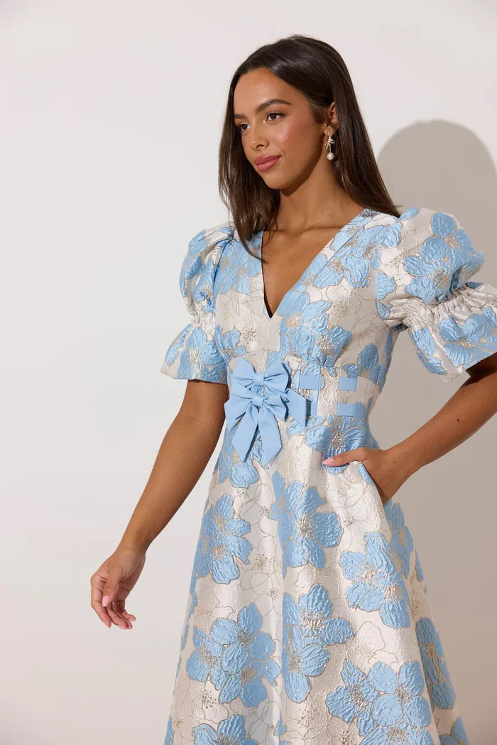 Callie Metallic Puff Sleeve Midi Dress (Pale Blue)